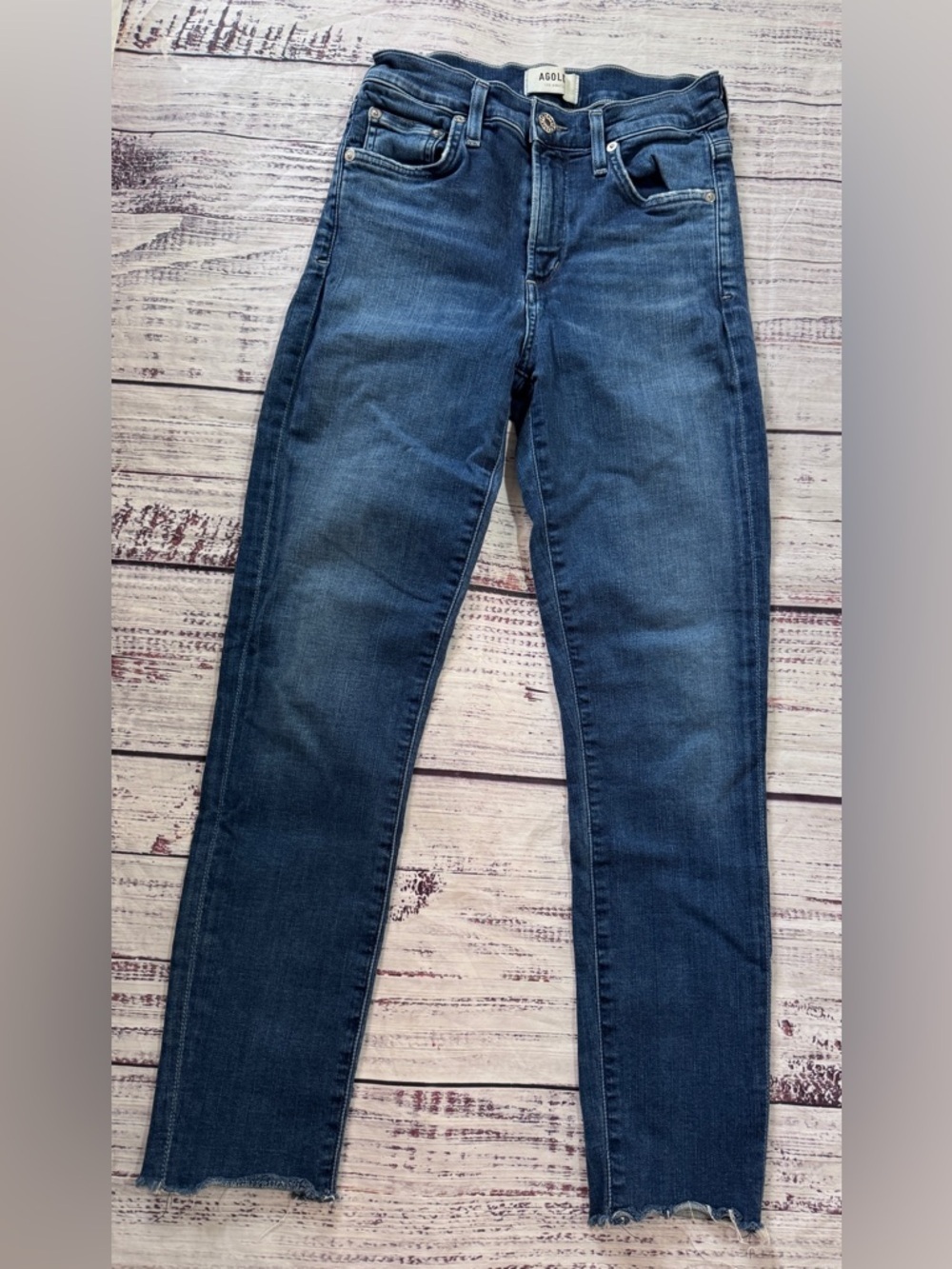 AGOLDE Sophie Crop Jeans Size 24 Medium Wash Raw Hem Stretch Denim - Picture 2 of 9